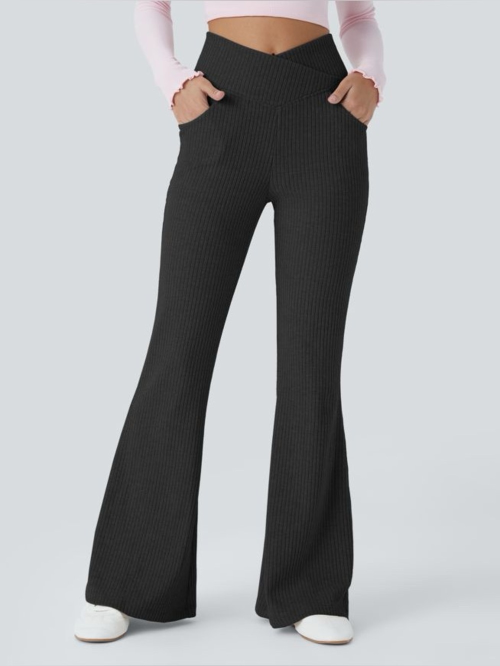 HALARA Ribbed Knit Crossover High Waisted Pocket Flare Pants - size Medium